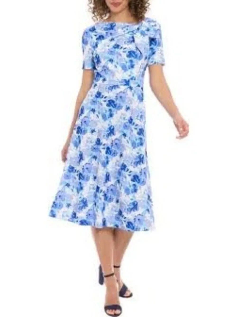 London Times Short Sleeve Floral Print Bow-Neck Midi Dress Size 6P